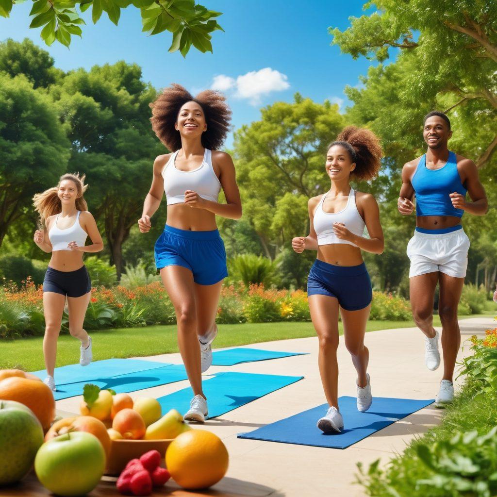 A vibrant, uplifting scene depicting a diverse group of people engaged in healthy activities, such as jogging, cooking nutritious meals, and practicing yoga in a sunny park. Incorporate elements like fruit bowls, fitness gear, and books on health tips around them. Include a clear blue sky and lush greenery to evoke a sense of well-being and positivity. super-realistic. vibrant colors. white background.