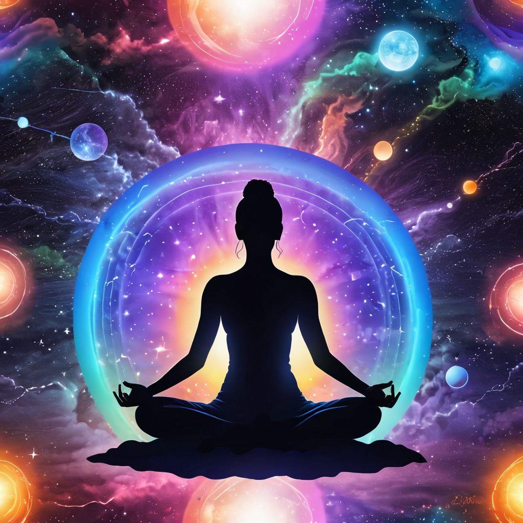 A cosmic scene symbolizing the electromagnetic spectrum, featuring vibrant waves of energy intersecting with human silhouettes engaged in various wellness activities like meditation and yoga. Show glowing orbs representing oncological advancements and healing throughout the universe. Incorporate a starry background with ethereal colors blending seamlessly for a calming effect. super-realistic. vibrant colors. cosmic background.