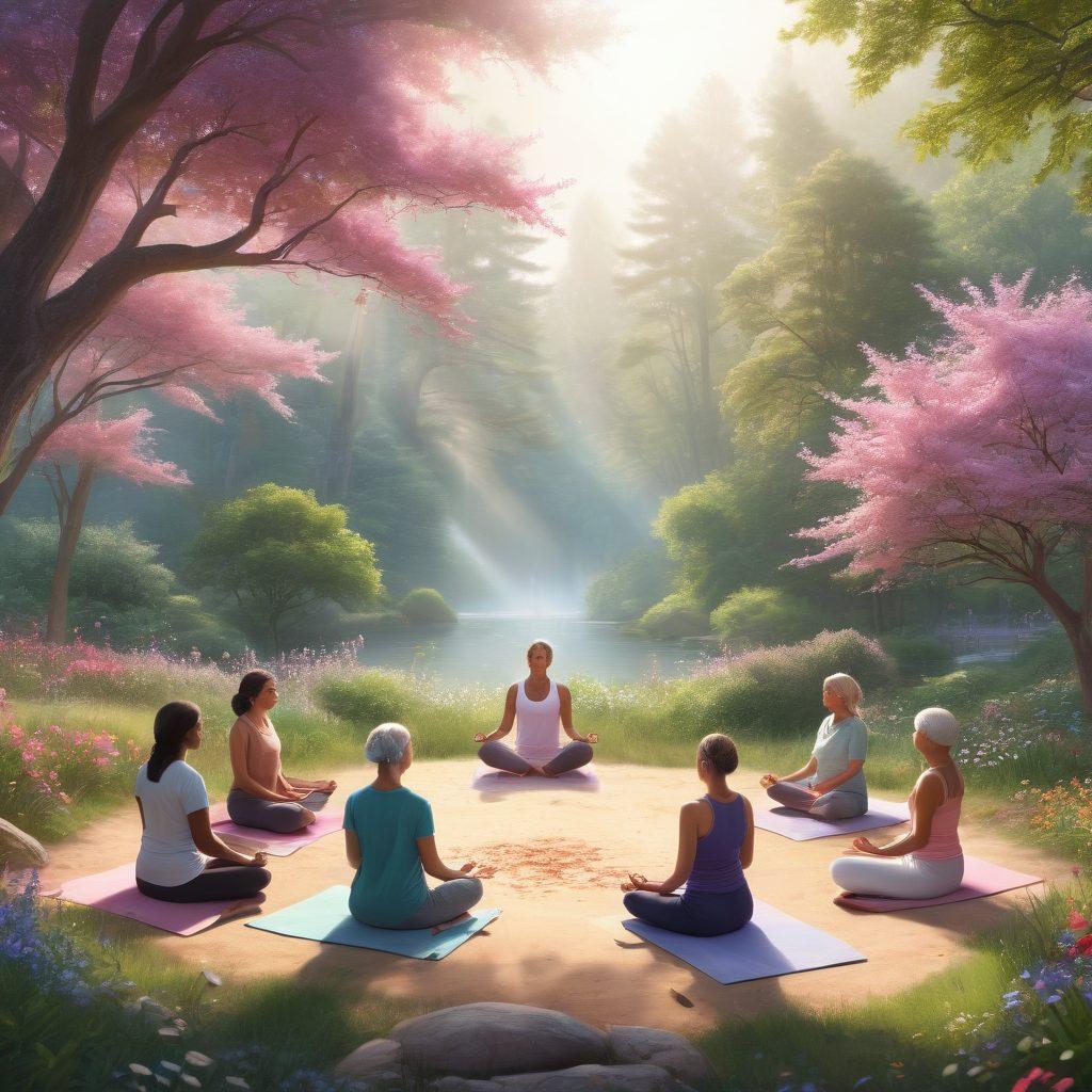 A serene and uplifting scene depicting a compassionate community gathering focused on holistic cancer care. Include diverse individuals engaged in supportive activities, like yoga, meditation, and sharing healthy food. Incorporate symbols of empowerment such as open hands and light beams, representing hope and healing. The background should feature soft pastel colors with nature elements like trees and flowers to evoke tranquility. super-realistic. vibrant colors. natural setting.